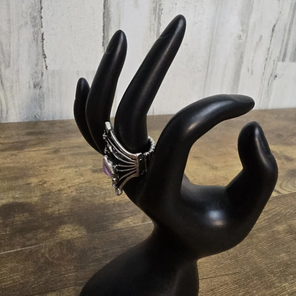 Silver Tone and Purple Butterfly Women's Stretchy Ring
